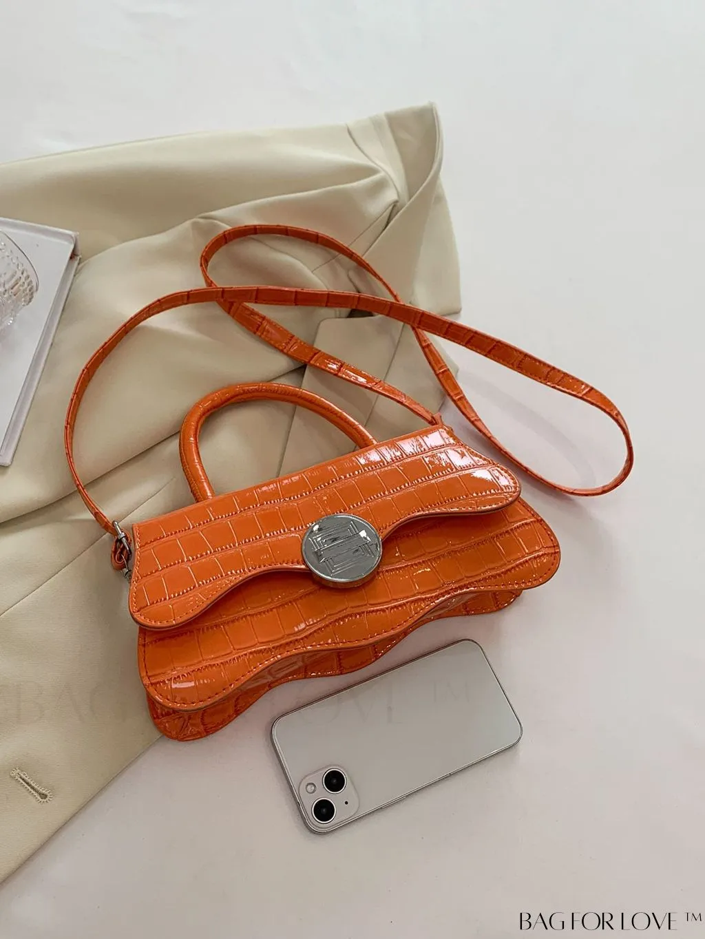 BagForLove - Orange Neon Top Handle Crocodile Pattern Handbag in PU Leather
