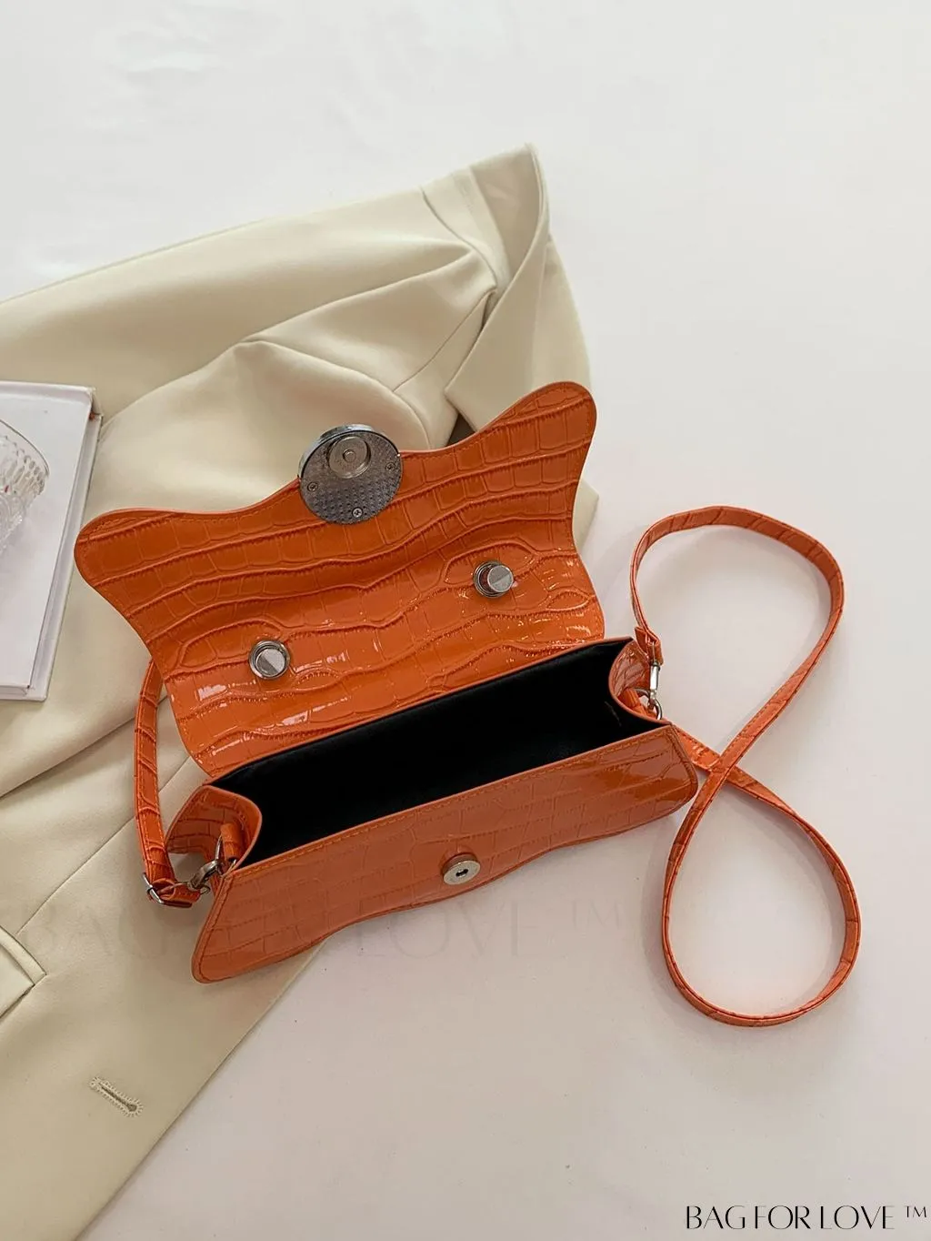 BagForLove - Orange Neon Top Handle Crocodile Pattern Handbag in PU Leather