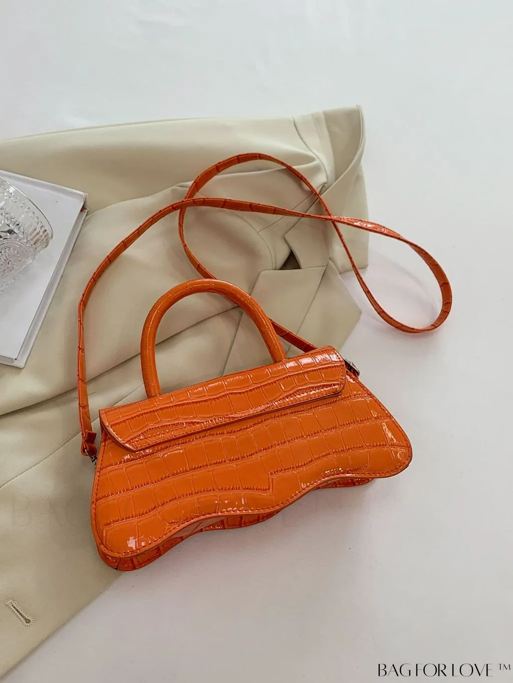 BagForLove - Orange Neon Top Handle Crocodile Pattern Handbag in PU Leather