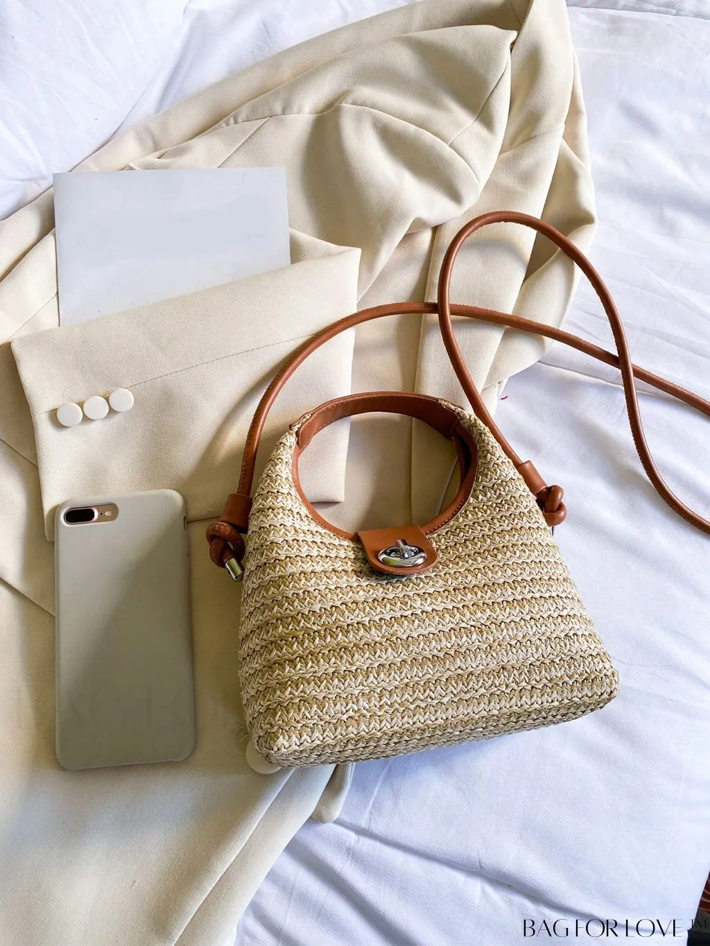 BagForLove - Premium Mini Straw Bag with Twist Lock Top Handle and Contrast Binding
