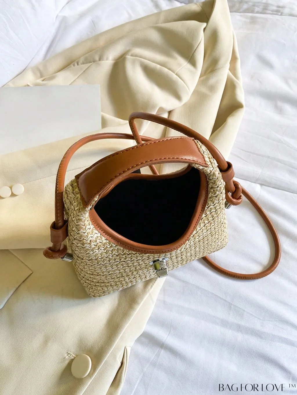 BagForLove - Premium Mini Straw Bag with Twist Lock Top Handle and Contrast Binding