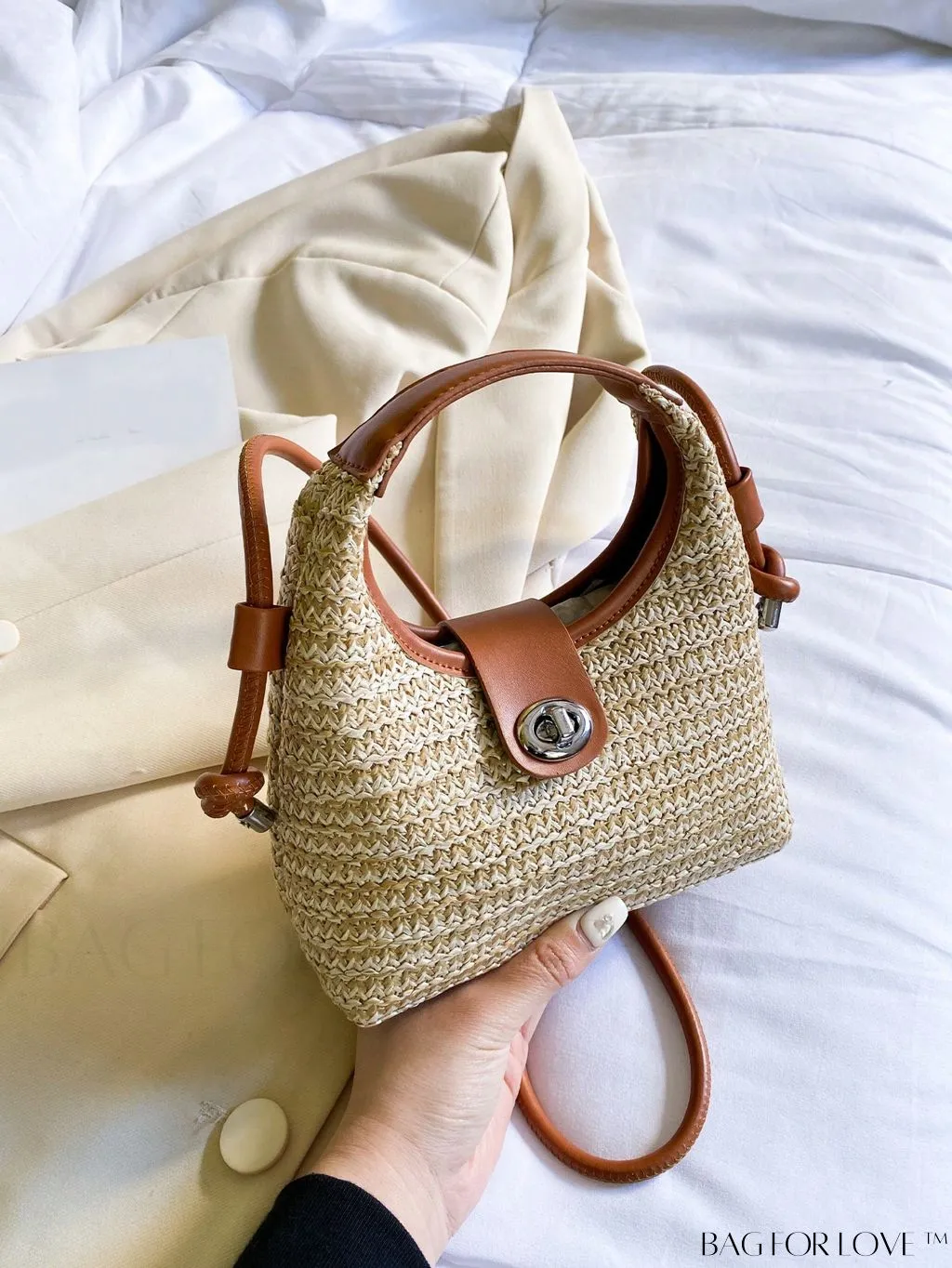 BagForLove - Premium Mini Straw Bag with Twist Lock Top Handle and Contrast Binding