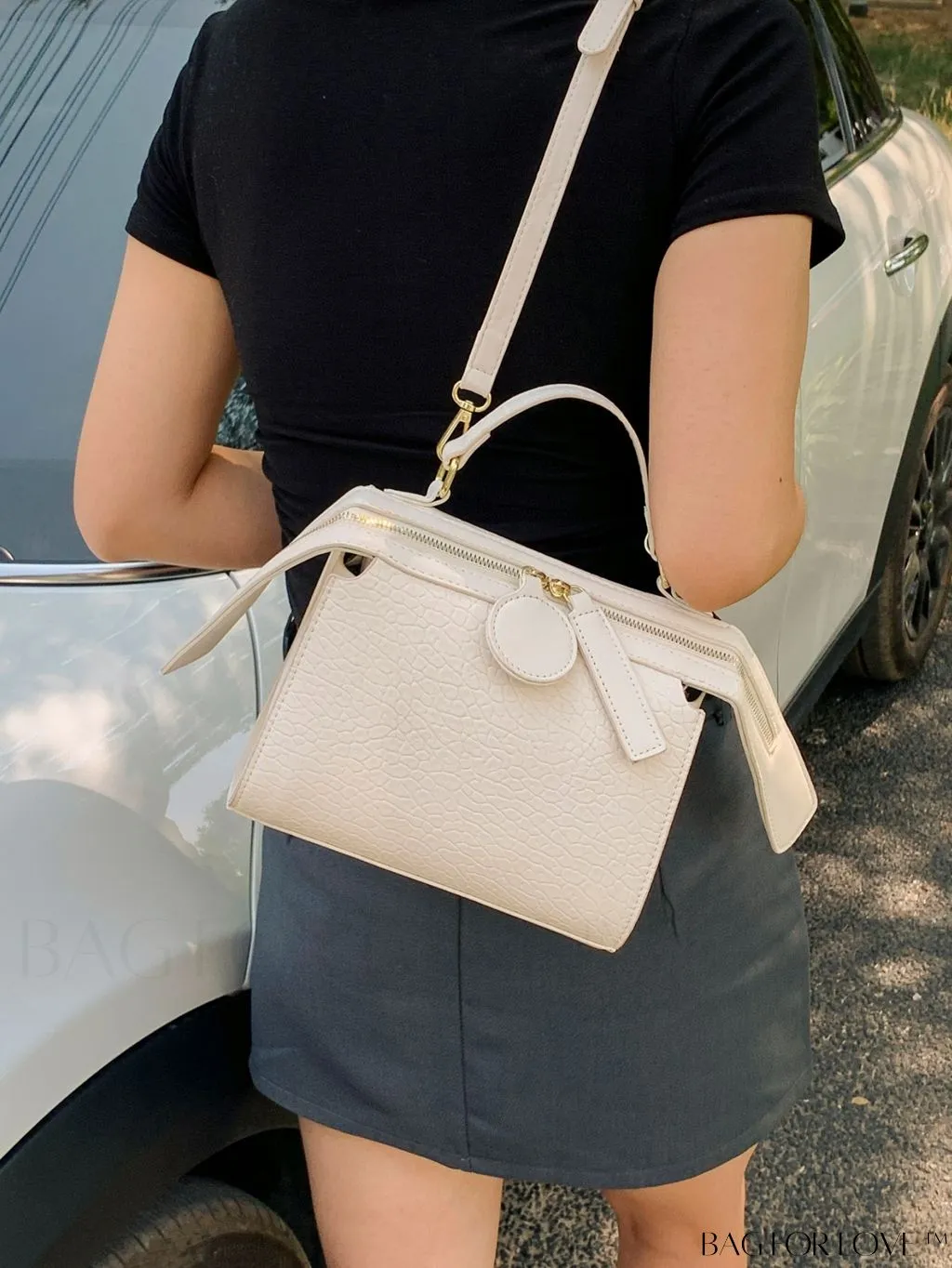BagForLove - Stylish White Litchi Pattern Crossbody Bag - All-match Womens Fashion Handbag