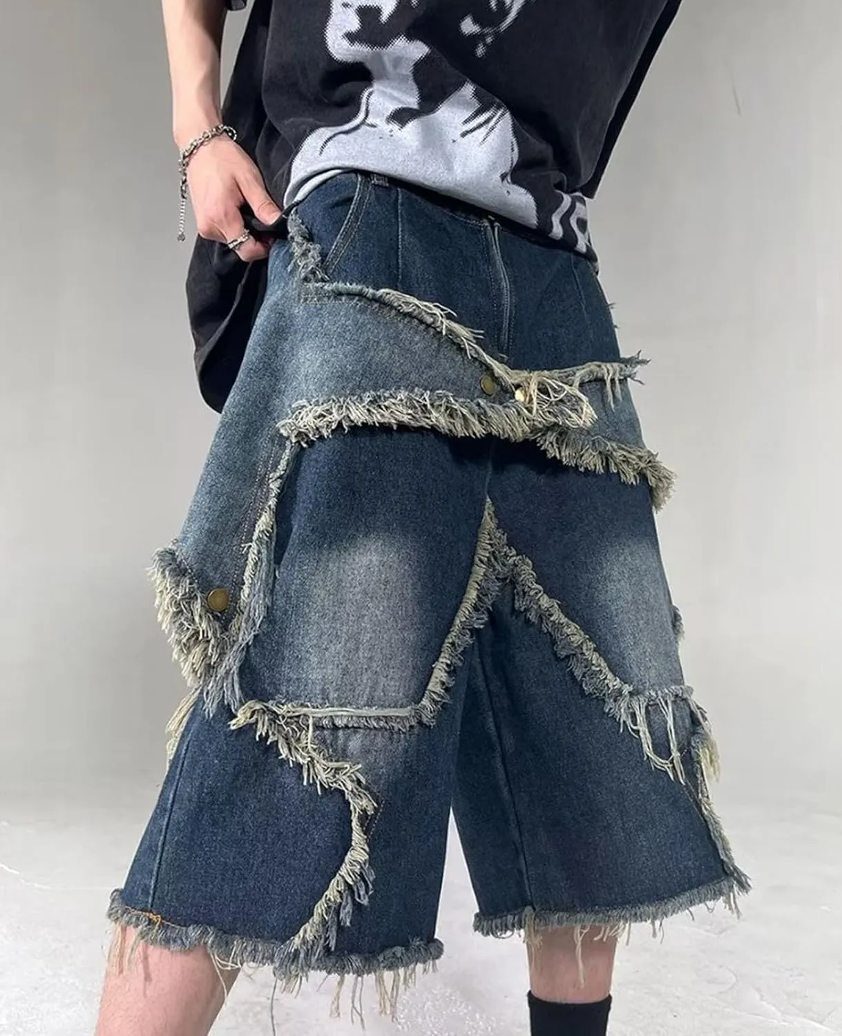 Baggy Jorts Women Men Star Patchwork High Waisted Wide Leg Jeans Shorts Gothic Streetwear Summer Clothes