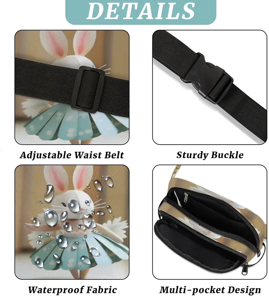 Ballet Bunny Pattern Men's and Women's Waist Pack Crossbody Rabbit Prints Waist Pack Running Strap, Adjustable Shoulder Strap - For Hiking and Running Exercise Fitness