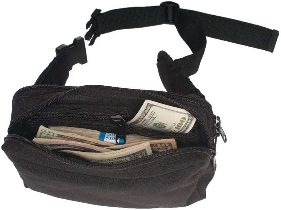 BankSupplies Large Belt Bag | 9”W x 5”H x 4”D | Denier Nylon Fabric | Black | Heavy Duty Nylon Zippers | 5 Separate Cash Compartments | Zippered Coin Pocket | Adjustable Waist Belt | Travel Fanny Pack