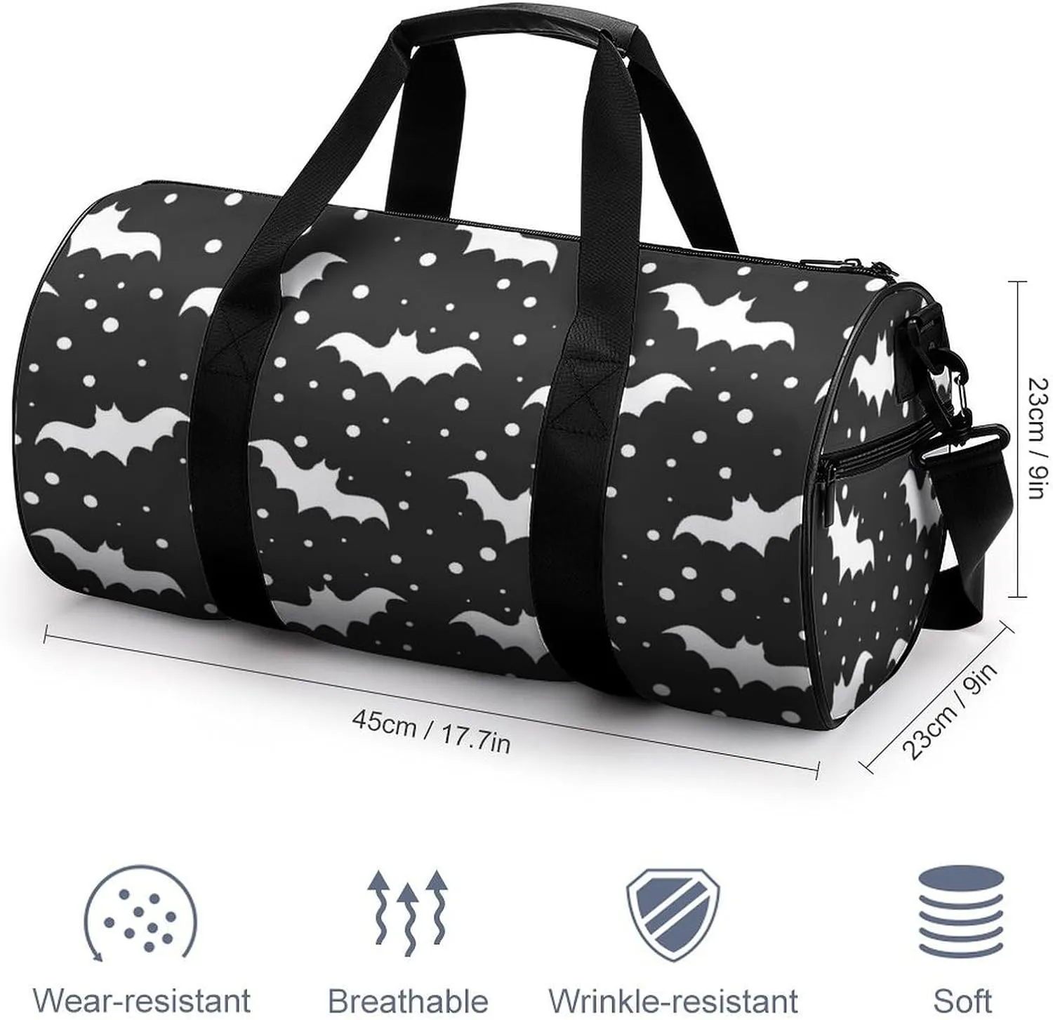 Bats Duffelbag Outdoor Tote Bag Cylindrical Duffelbags Picnic Bags Easy Carry Satchels Durable Handbag Sports Duffel Bags 17.7in/9in/9in