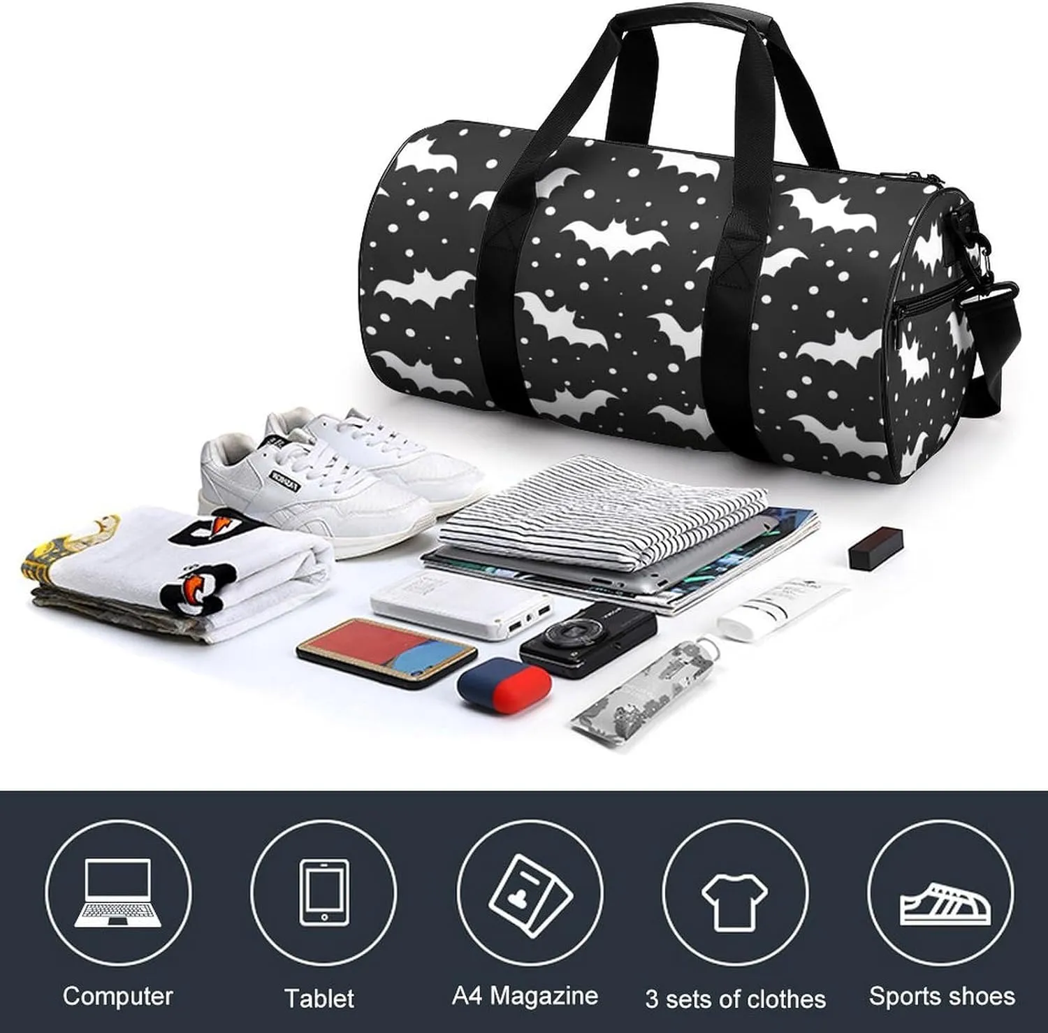 Bats Duffelbag Outdoor Tote Bag Cylindrical Duffelbags Picnic Bags Easy Carry Satchels Durable Handbag Sports Duffel Bags 17.7in/9in/9in