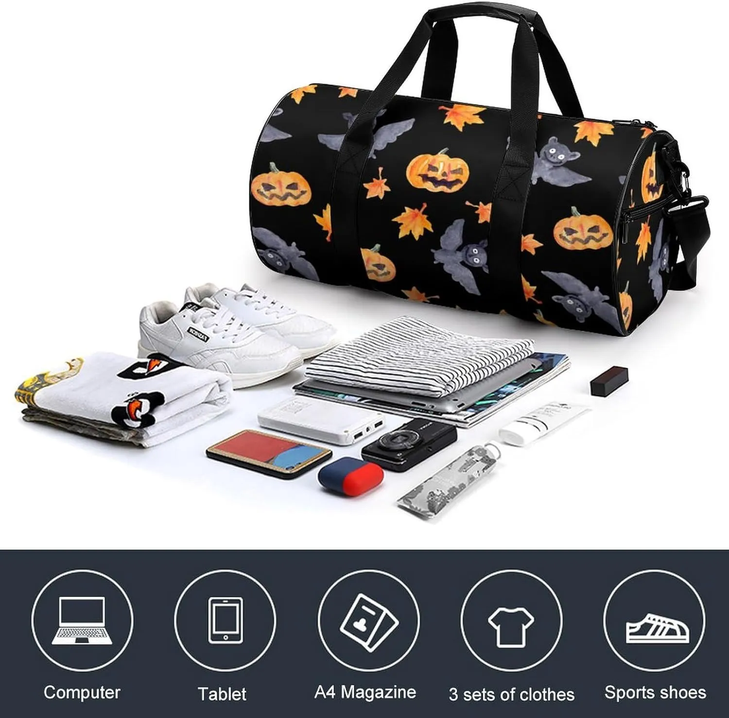 Bats Duffelbag Outdoor Tote Bag Cylindrical Duffelbags Picnic Bags Easy Carry Satchels Travel Handbag Sports Duffel Bags 17.7in/9in/9in
