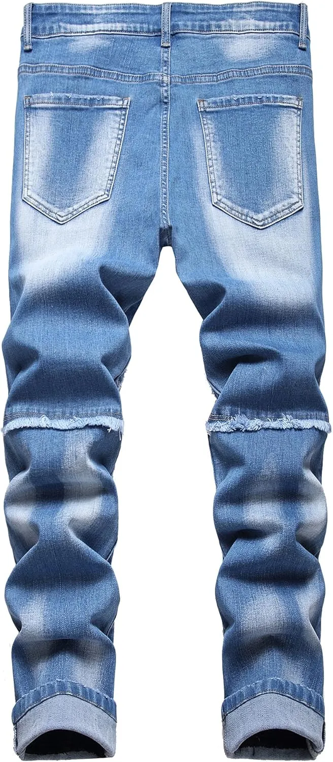 Baylvn Men's Designer Straight Slim Fit Patchwork Jeans Comfort Skinny Biker Denim Pants