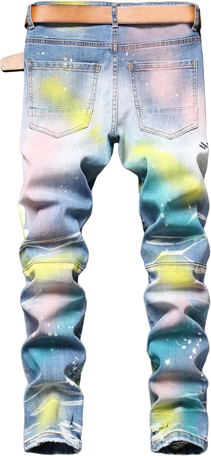 Baylvn Men's Designer Straight Slim Fit Patchwork Jeans Comfort Skinny Biker Denim Pants