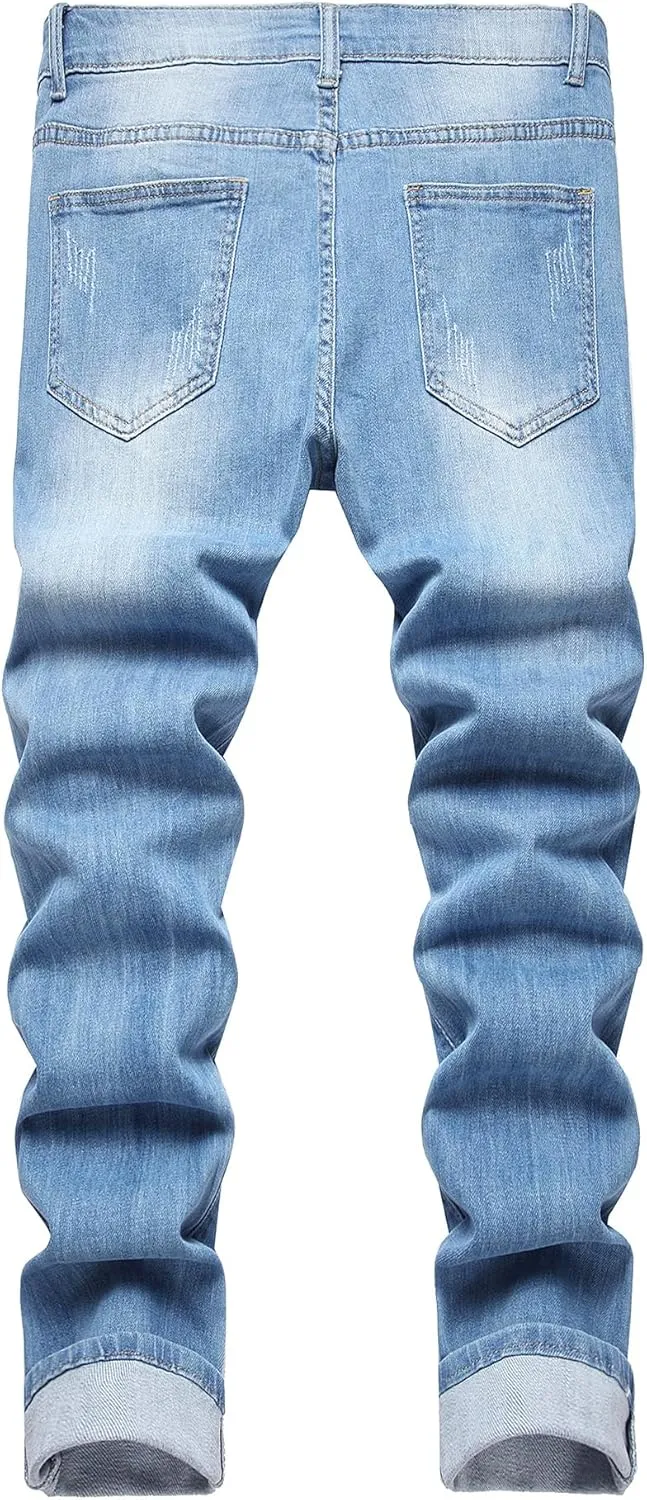 Baylvn Men's Designer Straight Slim Fit Patchwork Jeans Comfort Skinny Biker Denim Pants