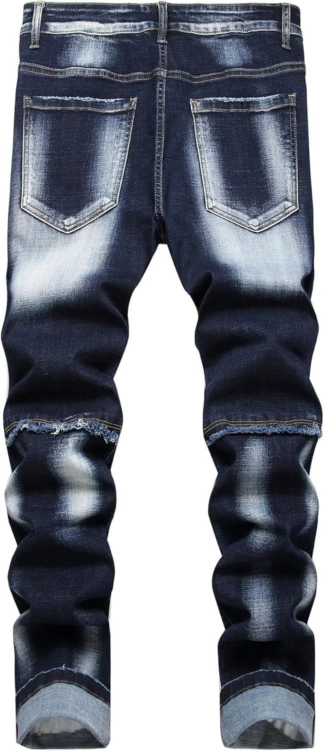 Baylvn Men's Designer Straight Slim Fit Patchwork Jeans Comfort Skinny Biker Denim Pants