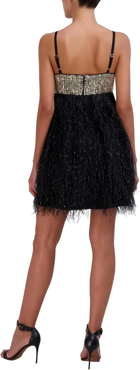BCBGMAXAZRIA Women's Sleeveless V Neck Sequin Feathered a Line Mini Dress