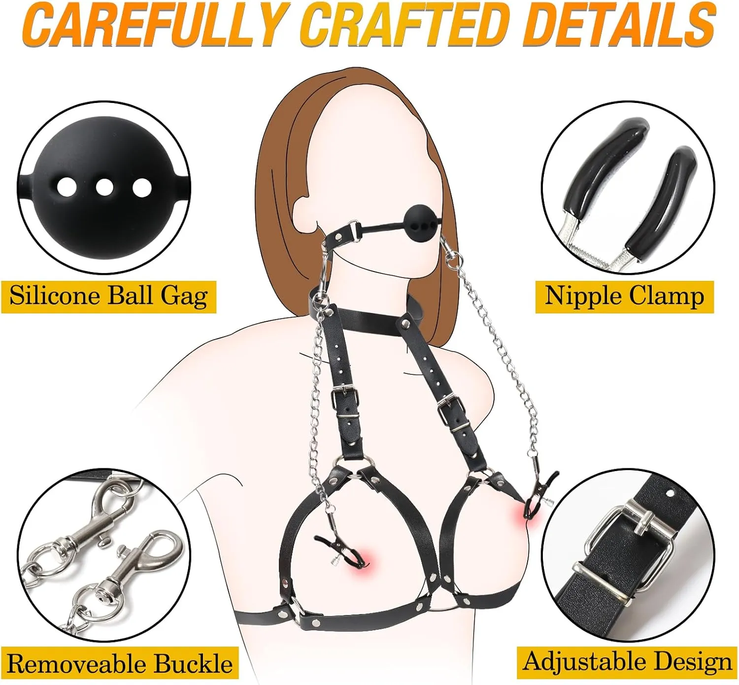 BDSM Bondage Leather Breasts Restraints Harness, 3 in 1 Sex Bondage Set Chest Harness Silicone Ball Gag Nipple Clamps Neck Collar, Fetish Sexy Bra Lingerie Set Boobs Cincher Sex Toy, A to C Cup