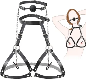 BDSM Bondage Leather Breasts Restraints Harness, 3 in 1 Sex Bondage Set Chest Harness Silicone Ball Gag Nipple Clamps Neck Collar, Fetish Sexy Bra Lingerie Set Boobs Cincher Sex Toy, A to C Cup