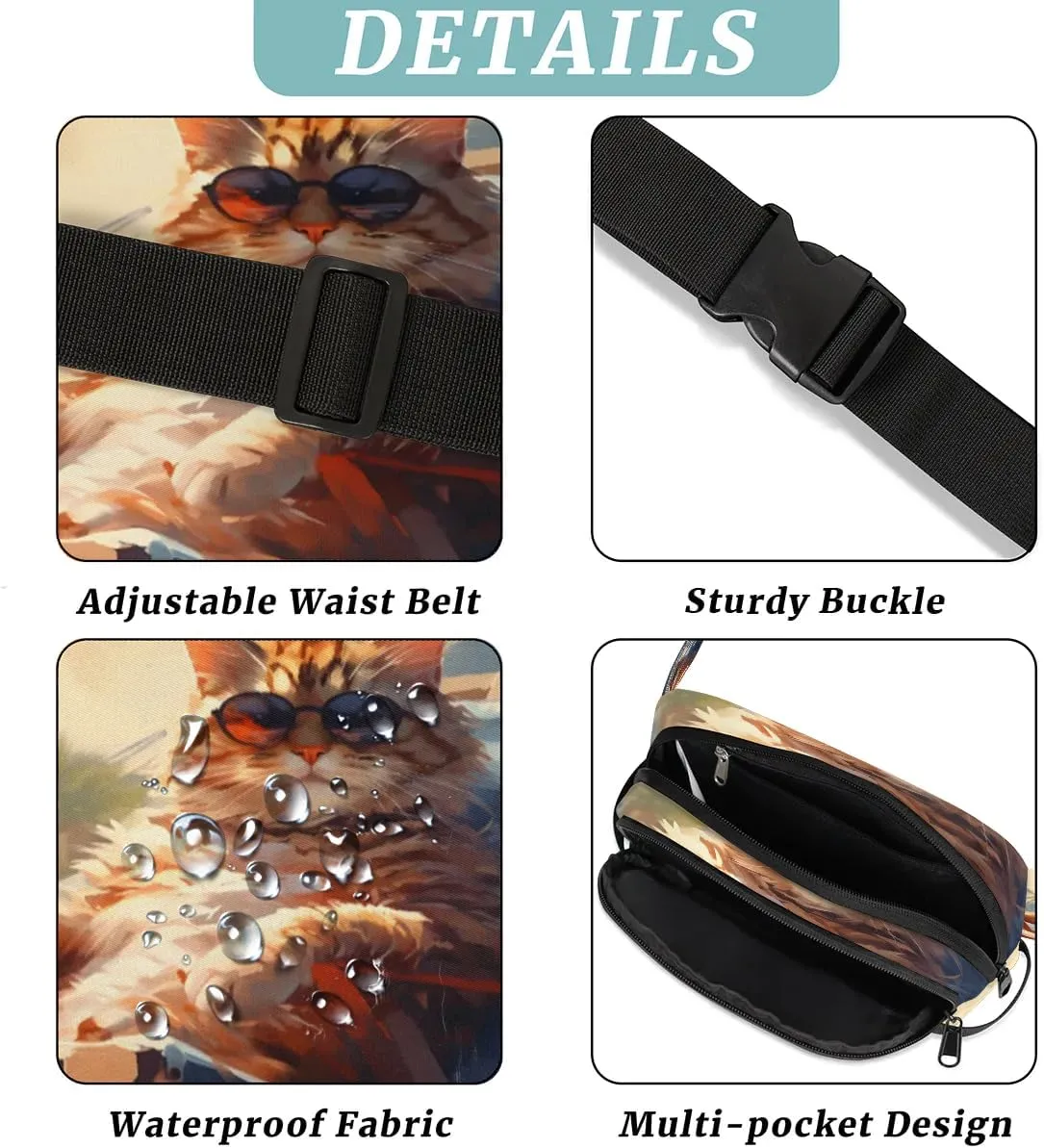 Beach Cat Men's and Women's Waist Pack Crossbody Cat Print Waist Pack Running Strap, Adjustable Shoulder Strap - For Hiking and Running Exercise Fitness