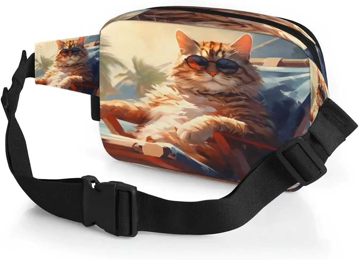 Beach Cat Men's and Women's Waist Pack Crossbody Cat Print Waist Pack Running Strap, Adjustable Shoulder Strap - For Hiking and Running Exercise Fitness