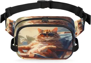 Beach Cat Men's and Women's Waist Pack Crossbody Cat Print Waist Pack Running Strap, Adjustable Shoulder Strap - For Hiking and Running Exercise Fitness