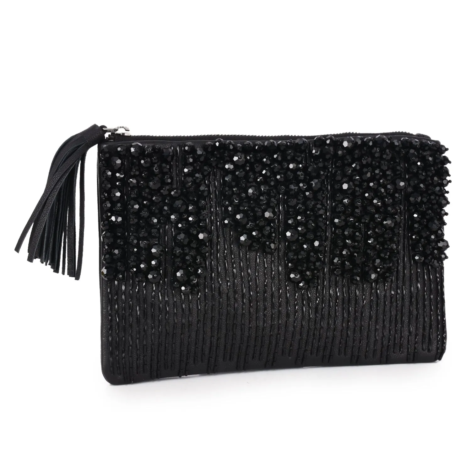 Bead & Stone Embellished Zip Clutch