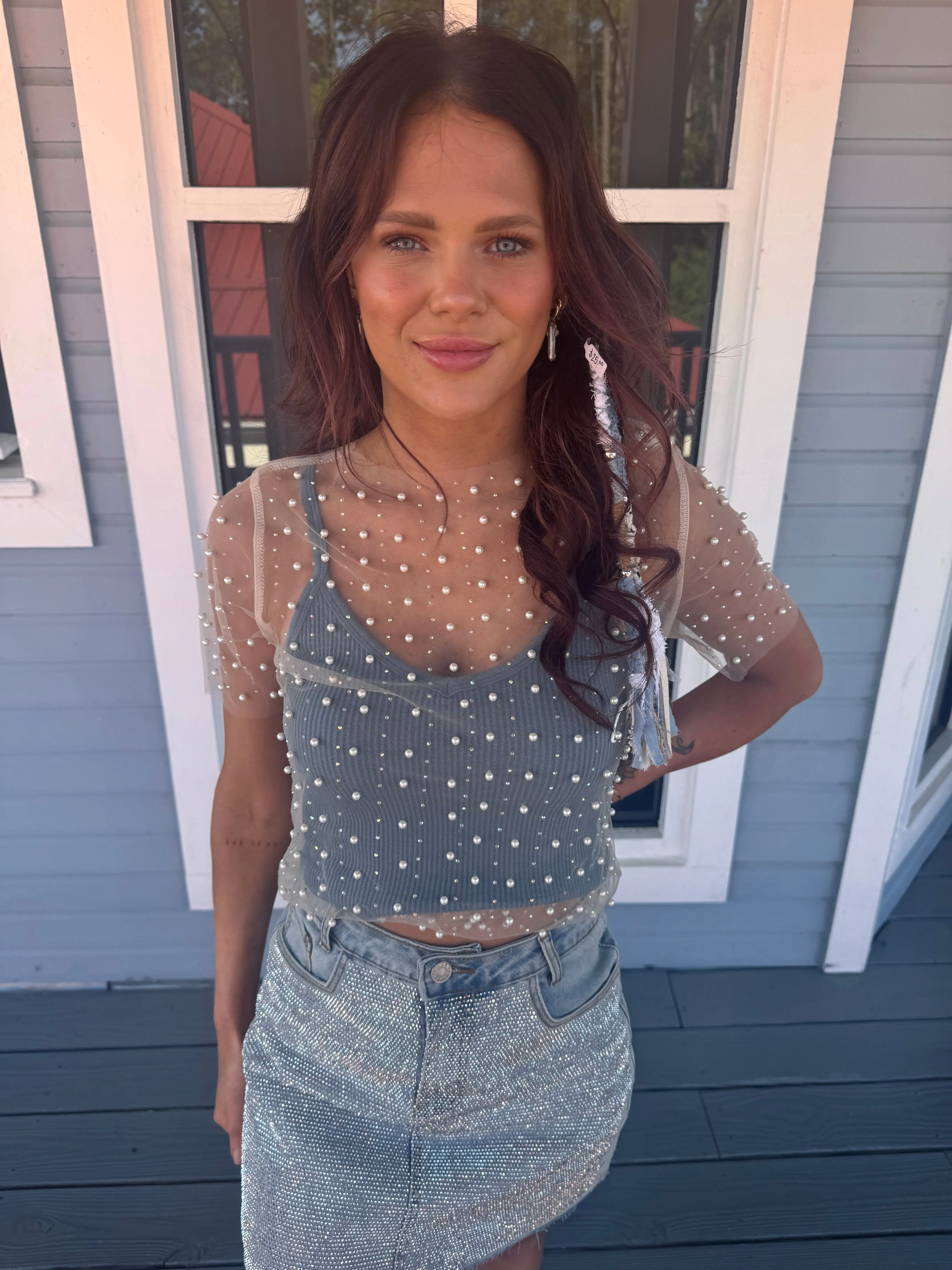 BEAD AND PEARL EMBELLISHED SHORT SLEEVES MESH TOP