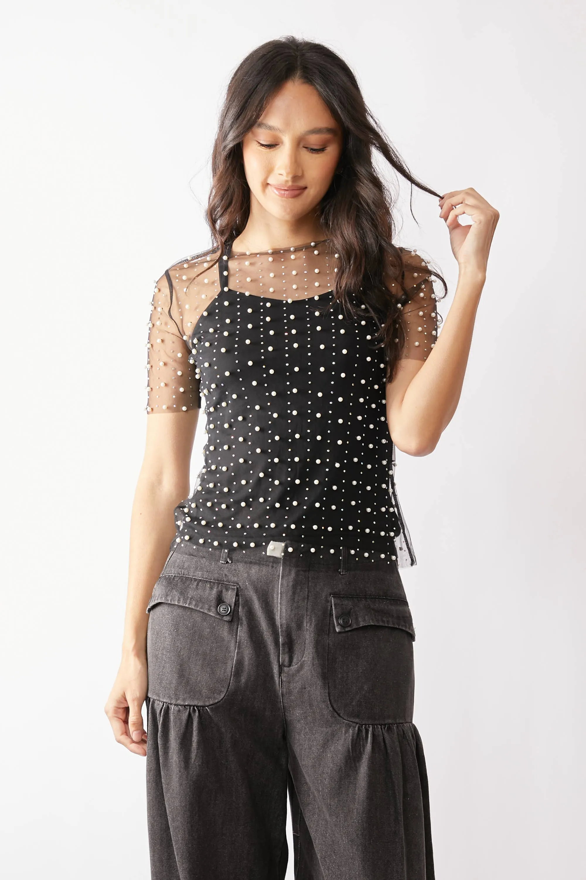 BEAD AND PEARL EMBELLISHED SHORT SLEEVES MESH TOP