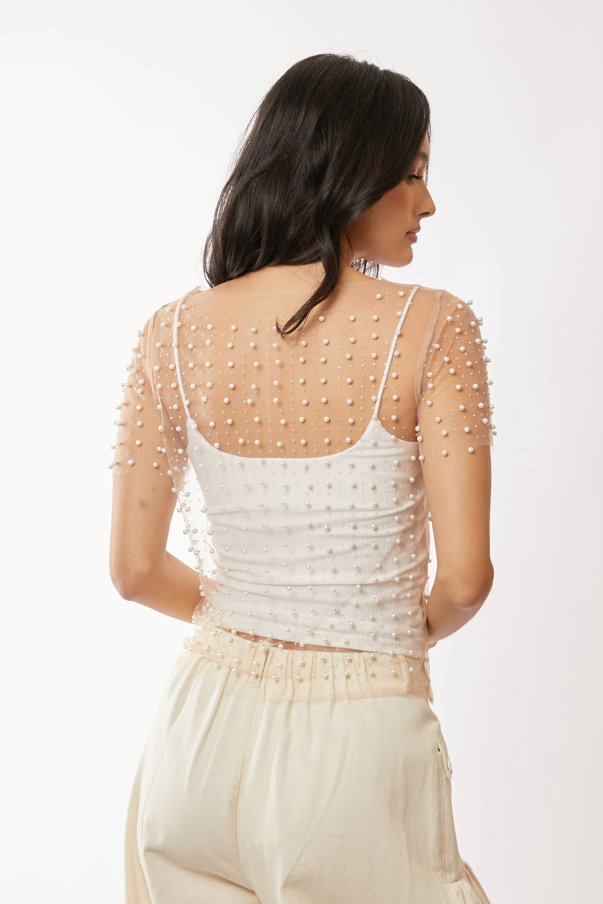 BEAD AND PEARL EMBELLISHED SHORT SLEEVES MESH TOP