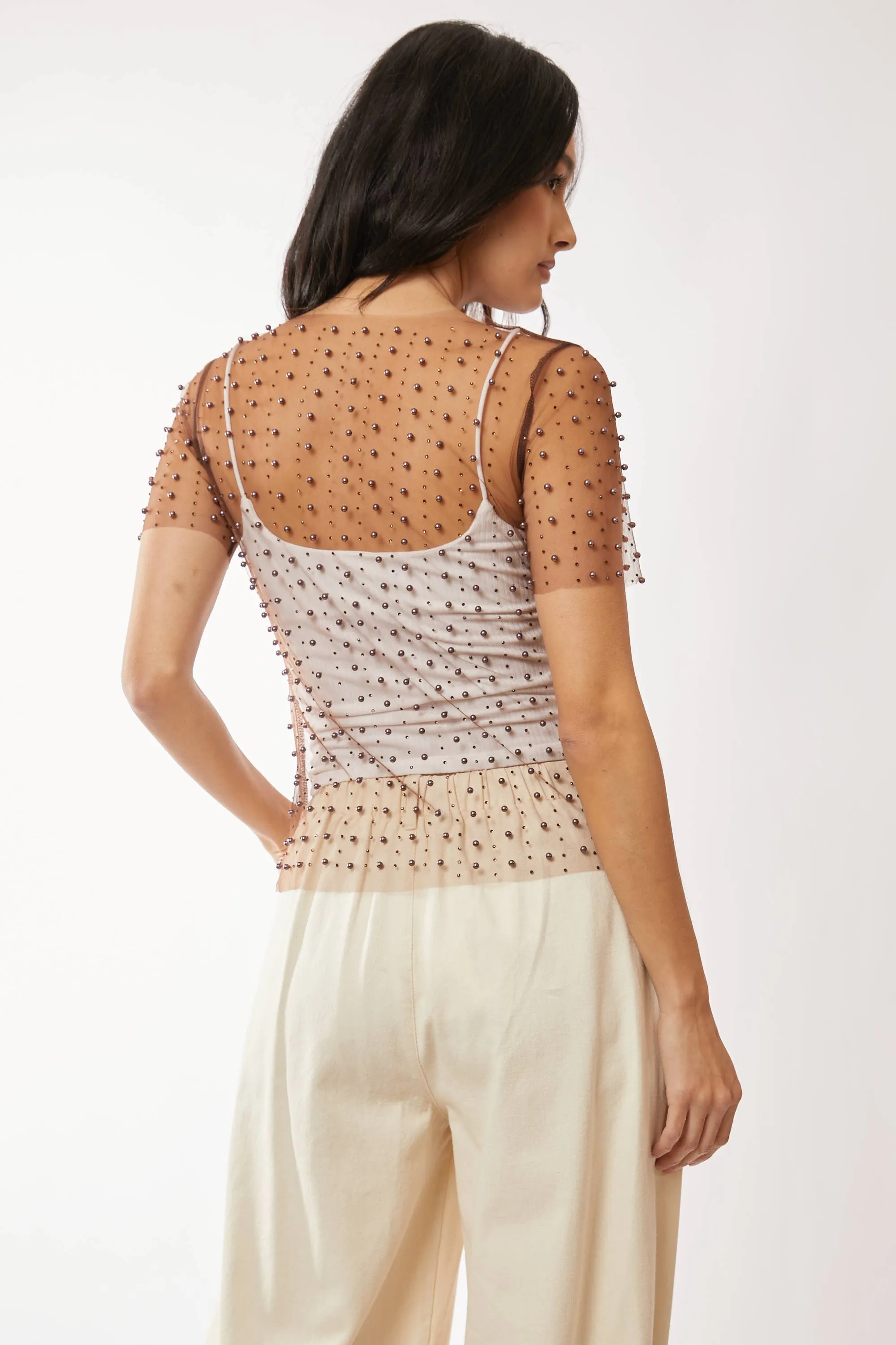 BEAD AND PEARL EMBELLISHED SHORT SLEEVES MESH TOP