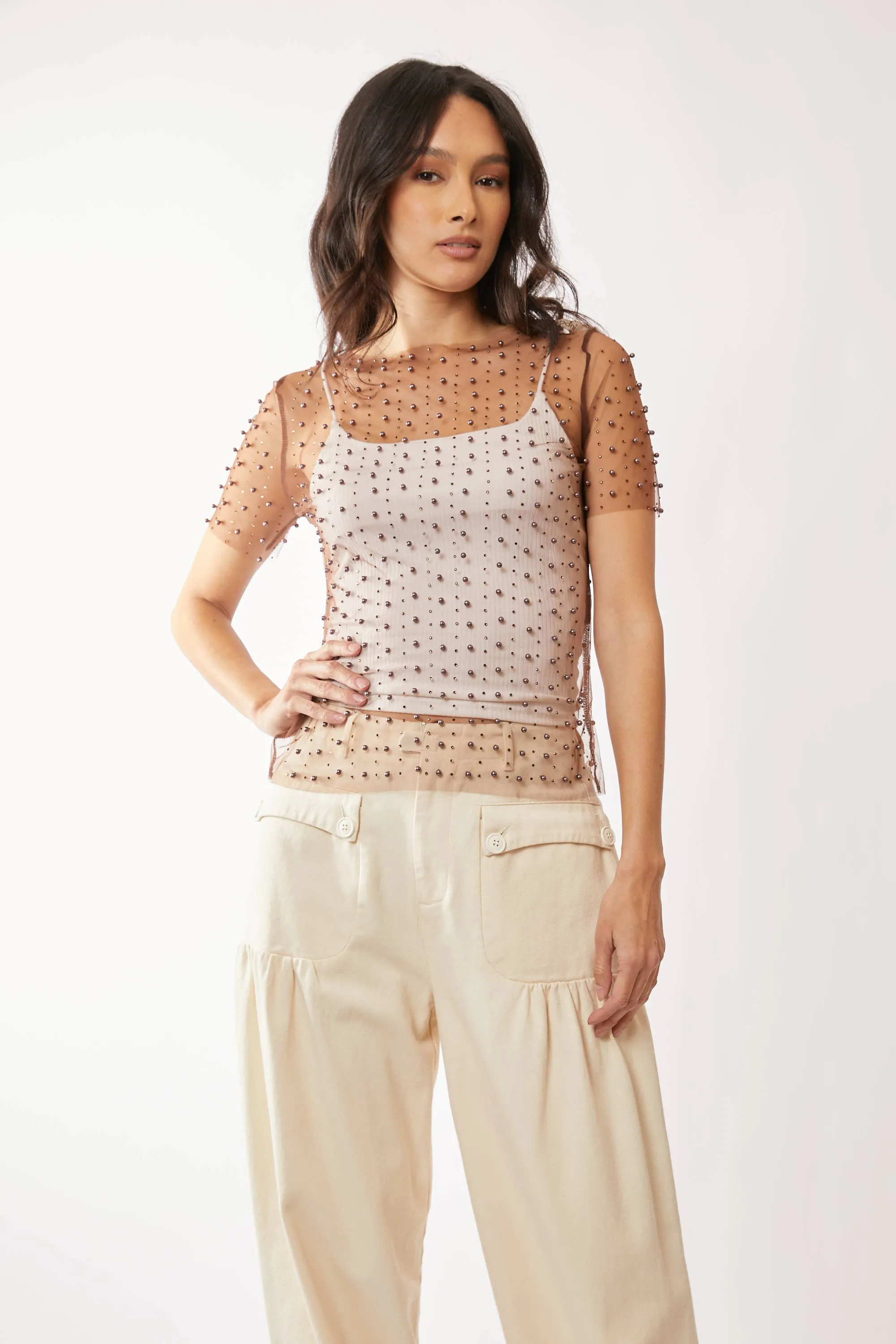 BEAD AND PEARL EMBELLISHED SHORT SLEEVES MESH TOP