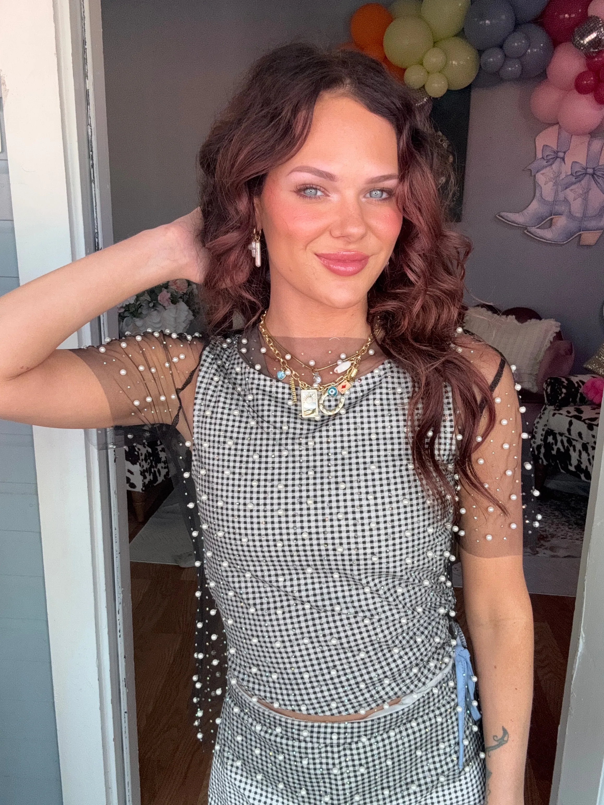 BEAD AND PEARL EMBELLISHED SHORT SLEEVES MESH TOP