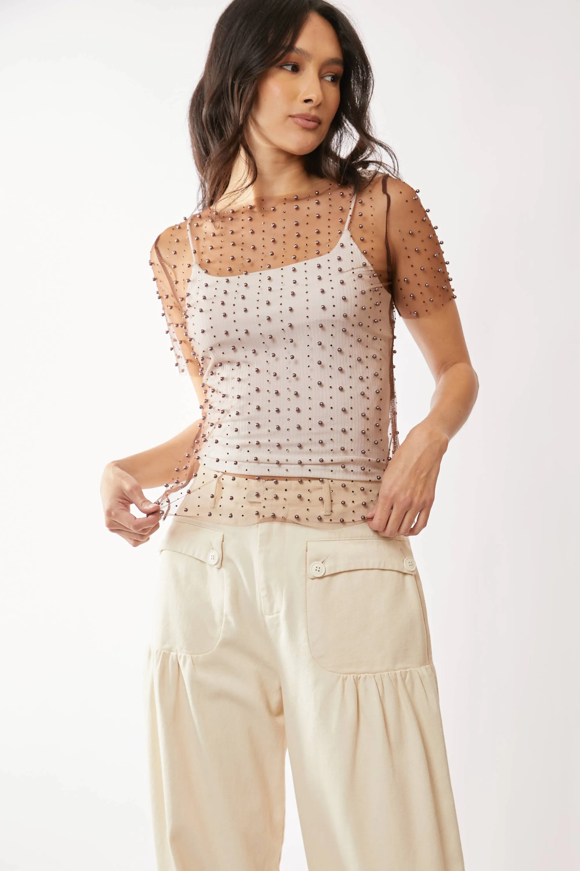 BEAD AND PEARL EMBELLISHED SHORT SLEEVES MESH TOP