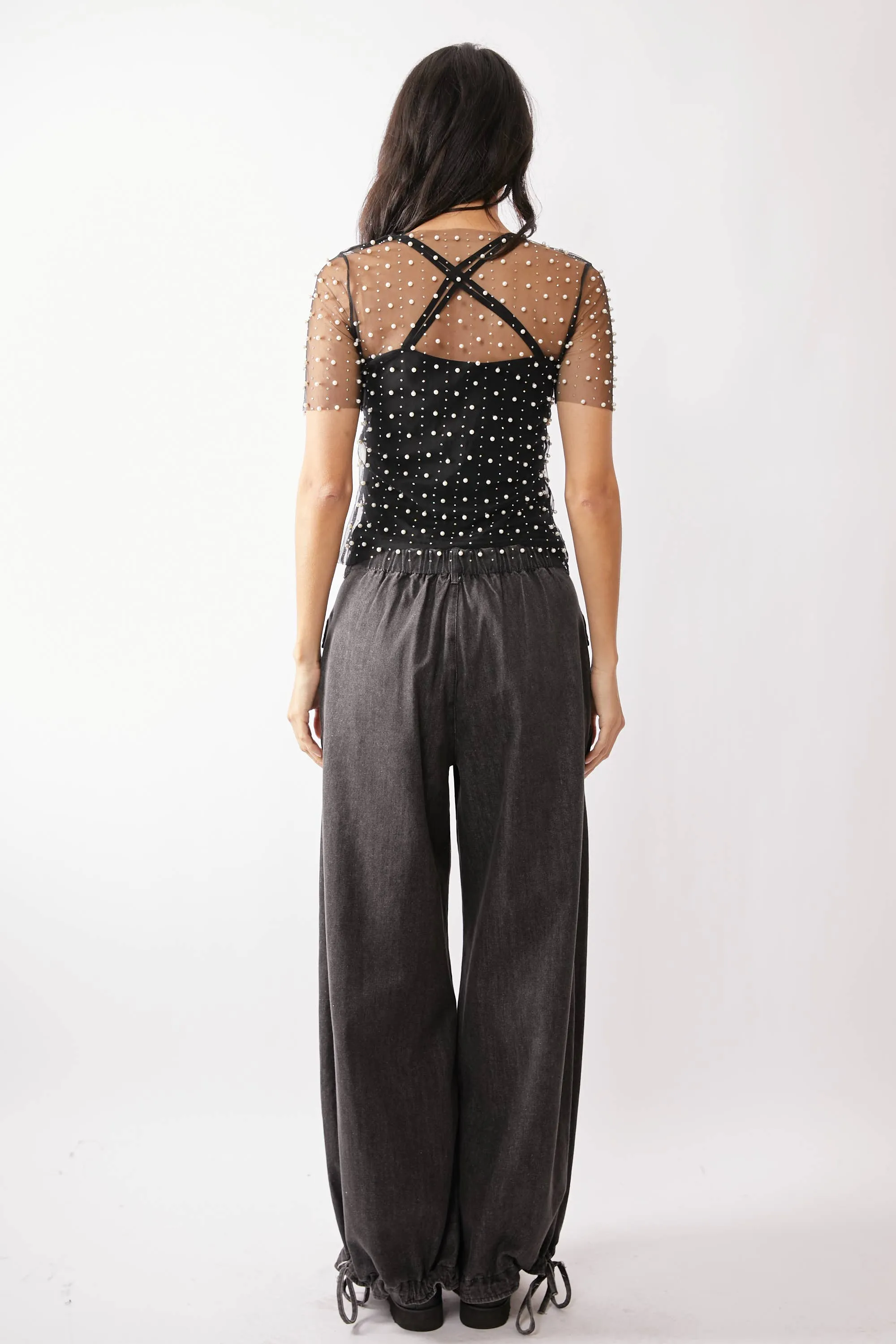 BEAD AND PEARL EMBELLISHED SHORT SLEEVES MESH TOP
