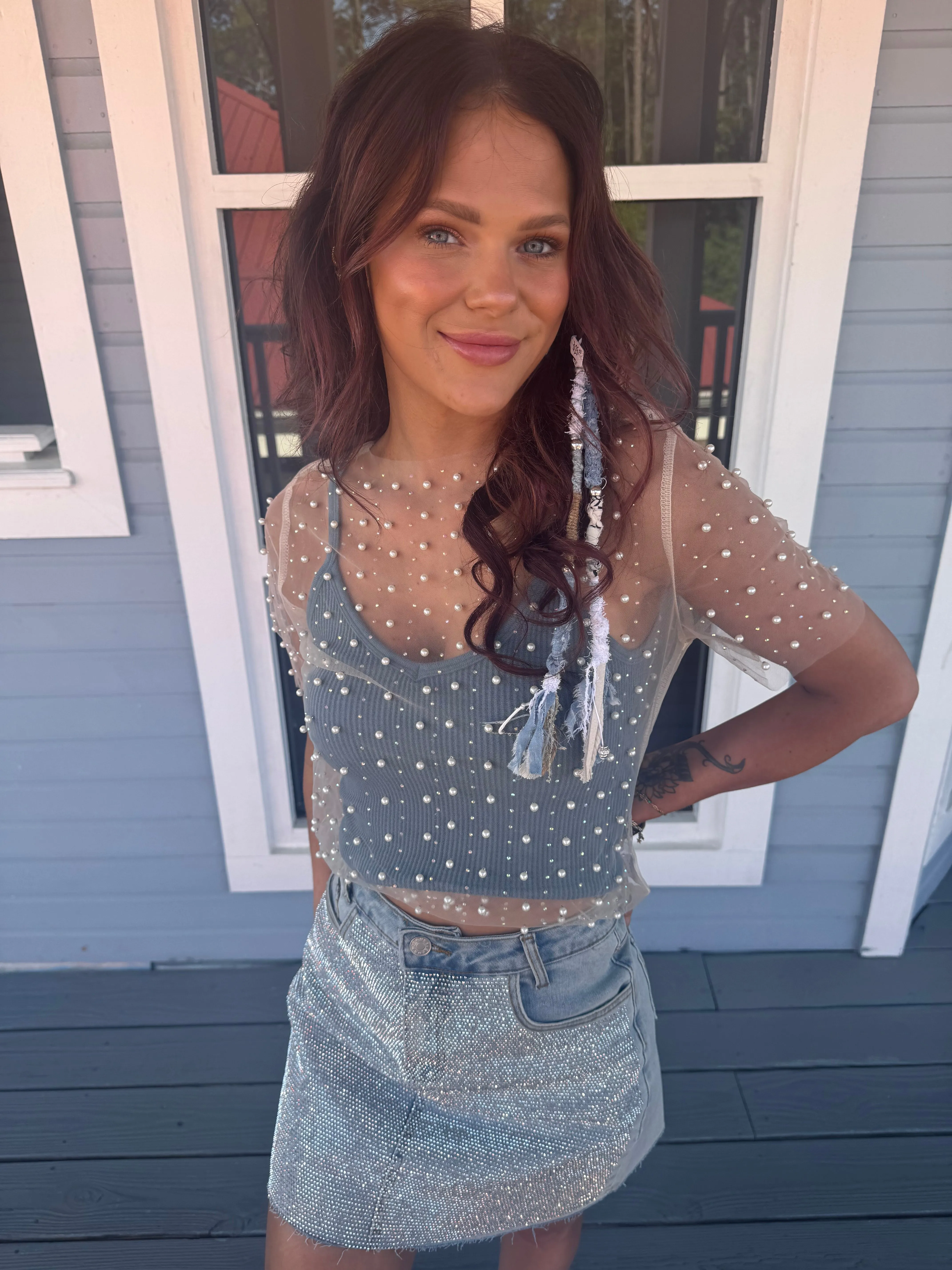 BEAD AND PEARL EMBELLISHED SHORT SLEEVES MESH TOP