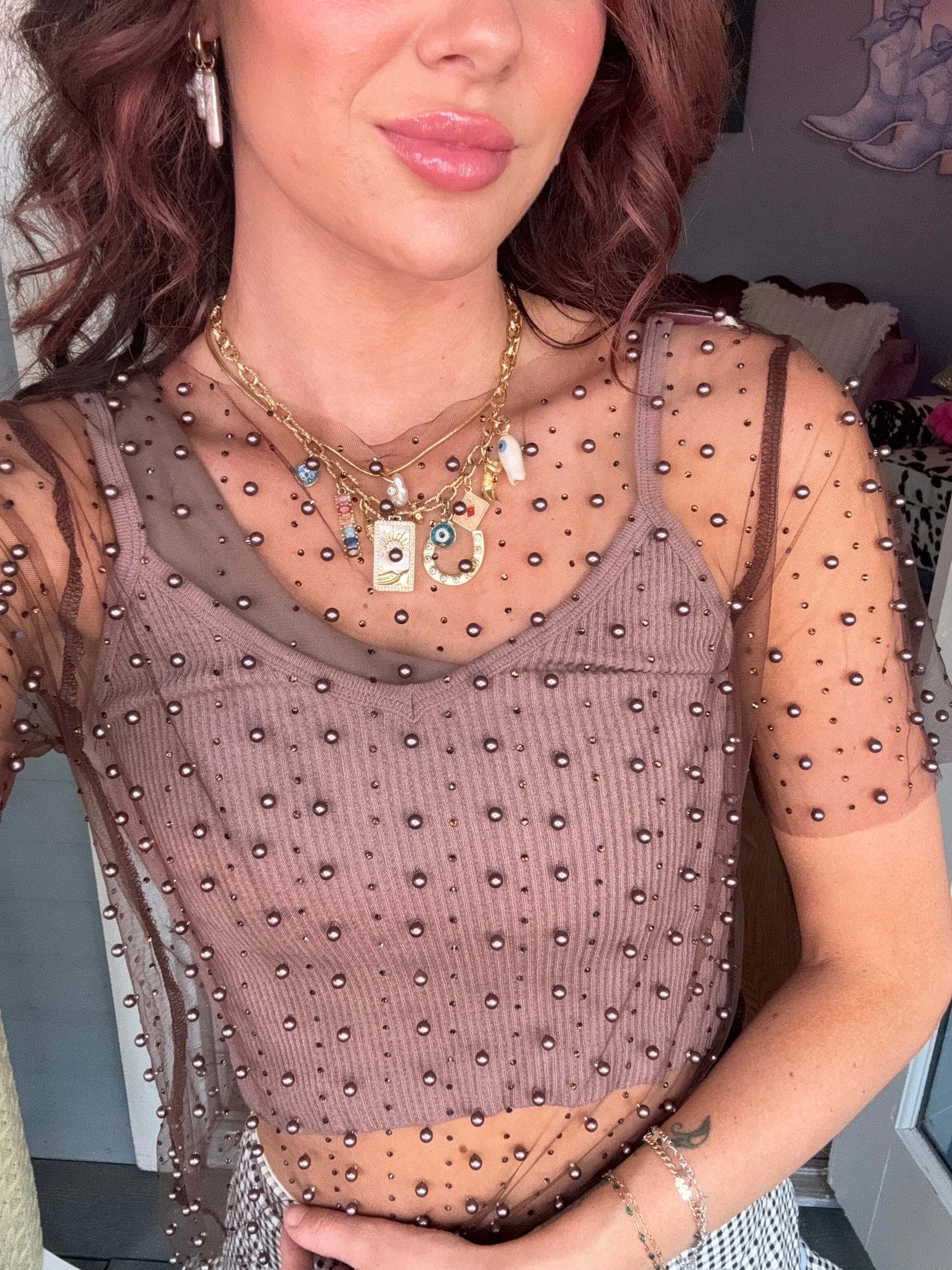BEAD AND PEARL EMBELLISHED SHORT SLEEVES MESH TOP