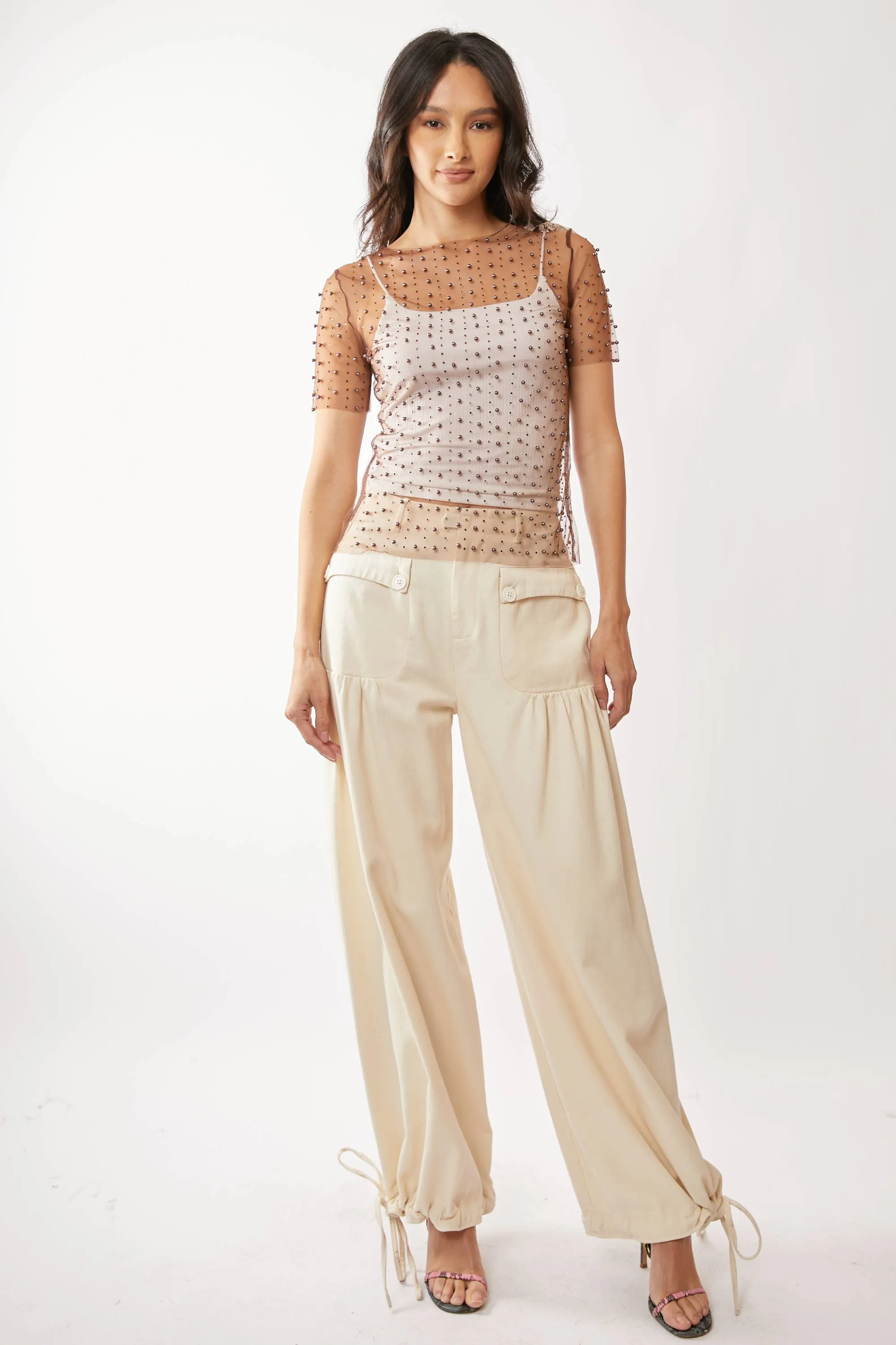 BEAD AND PEARL EMBELLISHED SHORT SLEEVES MESH TOP