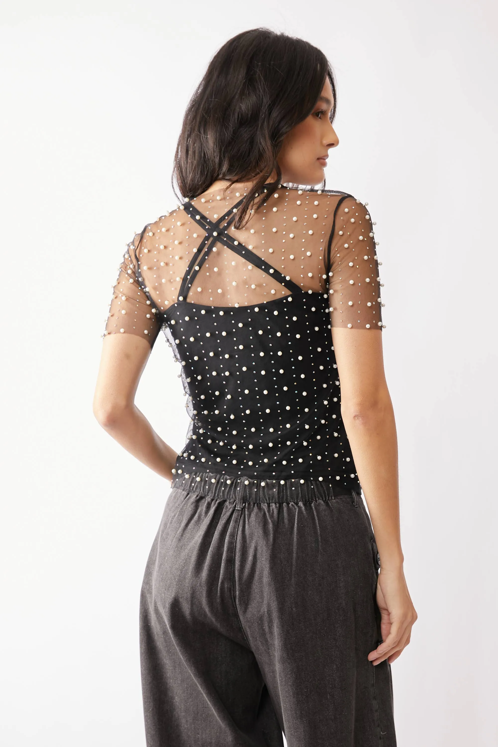 BEAD AND PEARL EMBELLISHED SHORT SLEEVES MESH TOP
