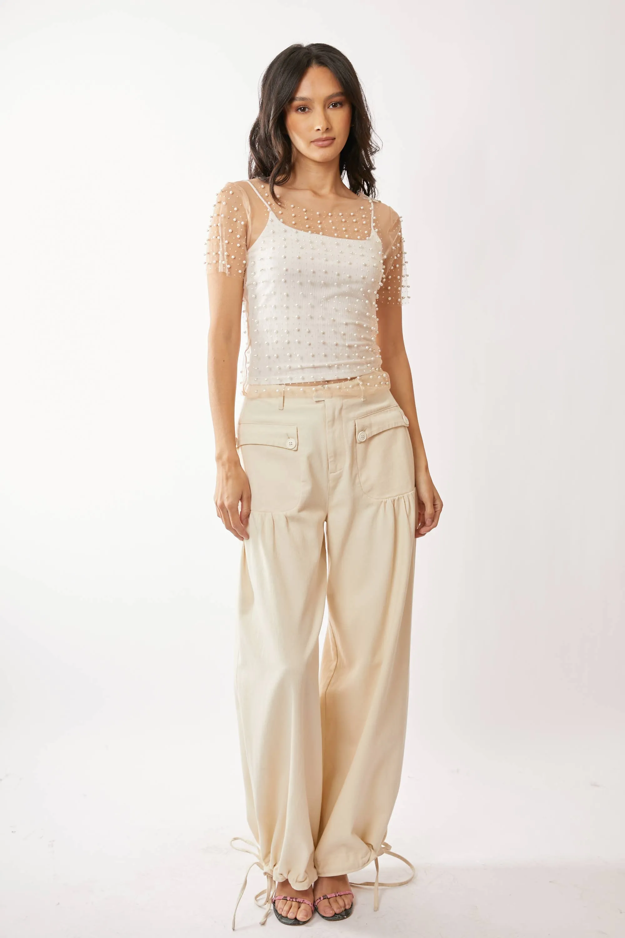 BEAD AND PEARL EMBELLISHED SHORT SLEEVES MESH TOP