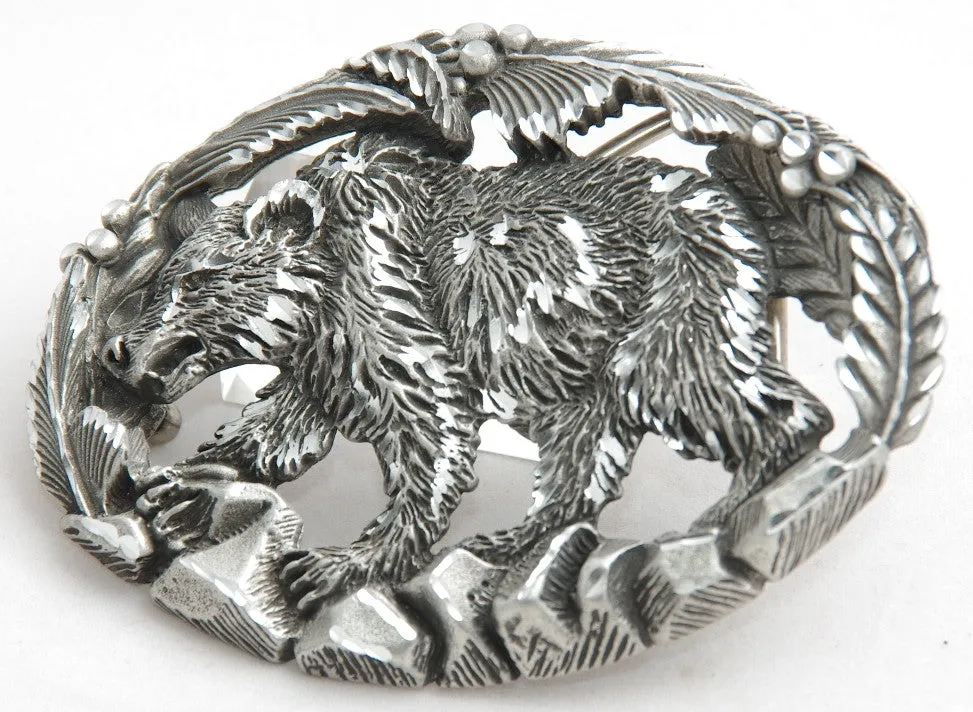 Bear belt buckle, pewter. Made in USA