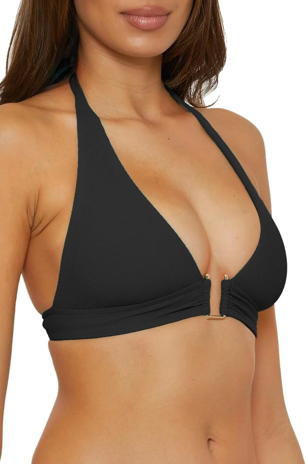 BECCA Women's Modern Edge Halter Bikini Top, Adjustable, Tie Back, Swimwear Separates