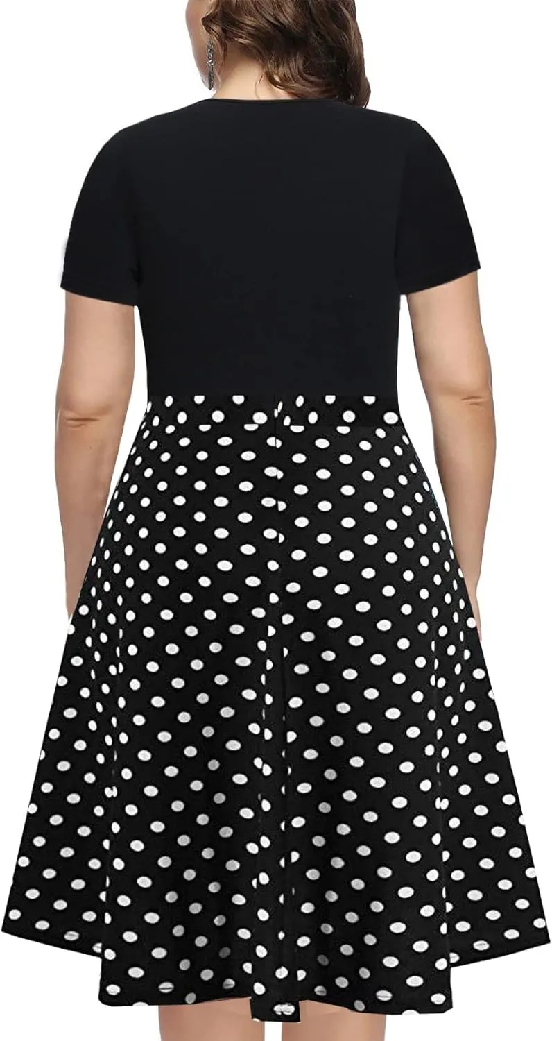 BEDOAR Women's Short Sleeve Colorblock Button Down Knee-Length Flared A-Line Casual Plus Size Dress with Pockets