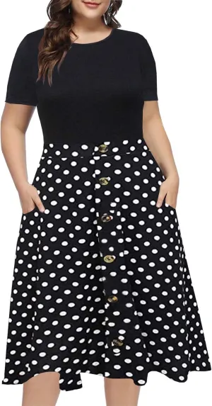 BEDOAR Women's Short Sleeve Colorblock Button Down Knee-Length Flared A-Line Casual Plus Size Dress with Pockets