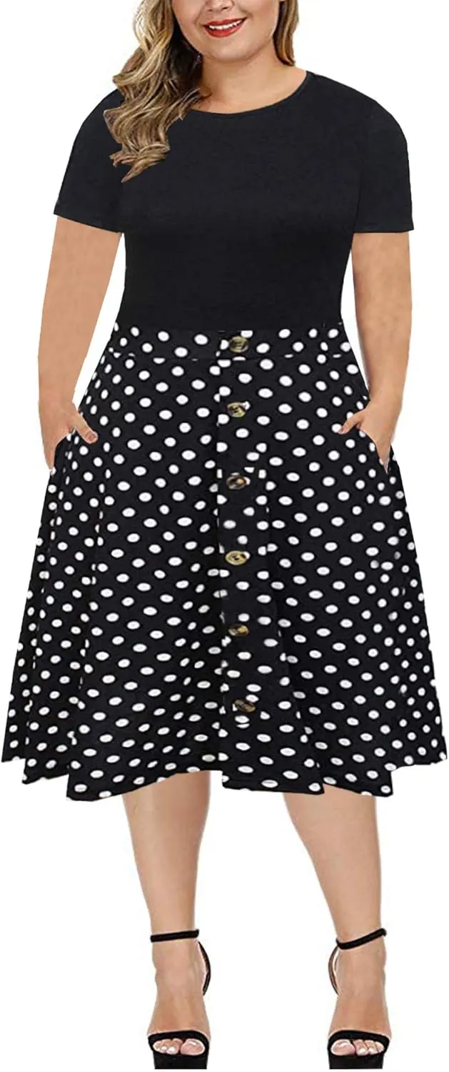 BEDOAR Women's Short Sleeve Colorblock Button Down Knee-Length Flared A-Line Casual Plus Size Dress with Pockets