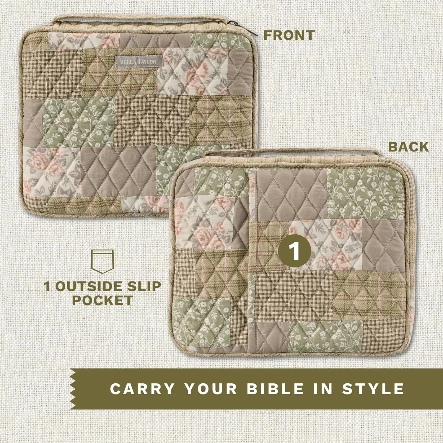 Bella Taylor Quilted Bible Cover for Women - Large Study Bible Case - Cameo Rose Patchwork