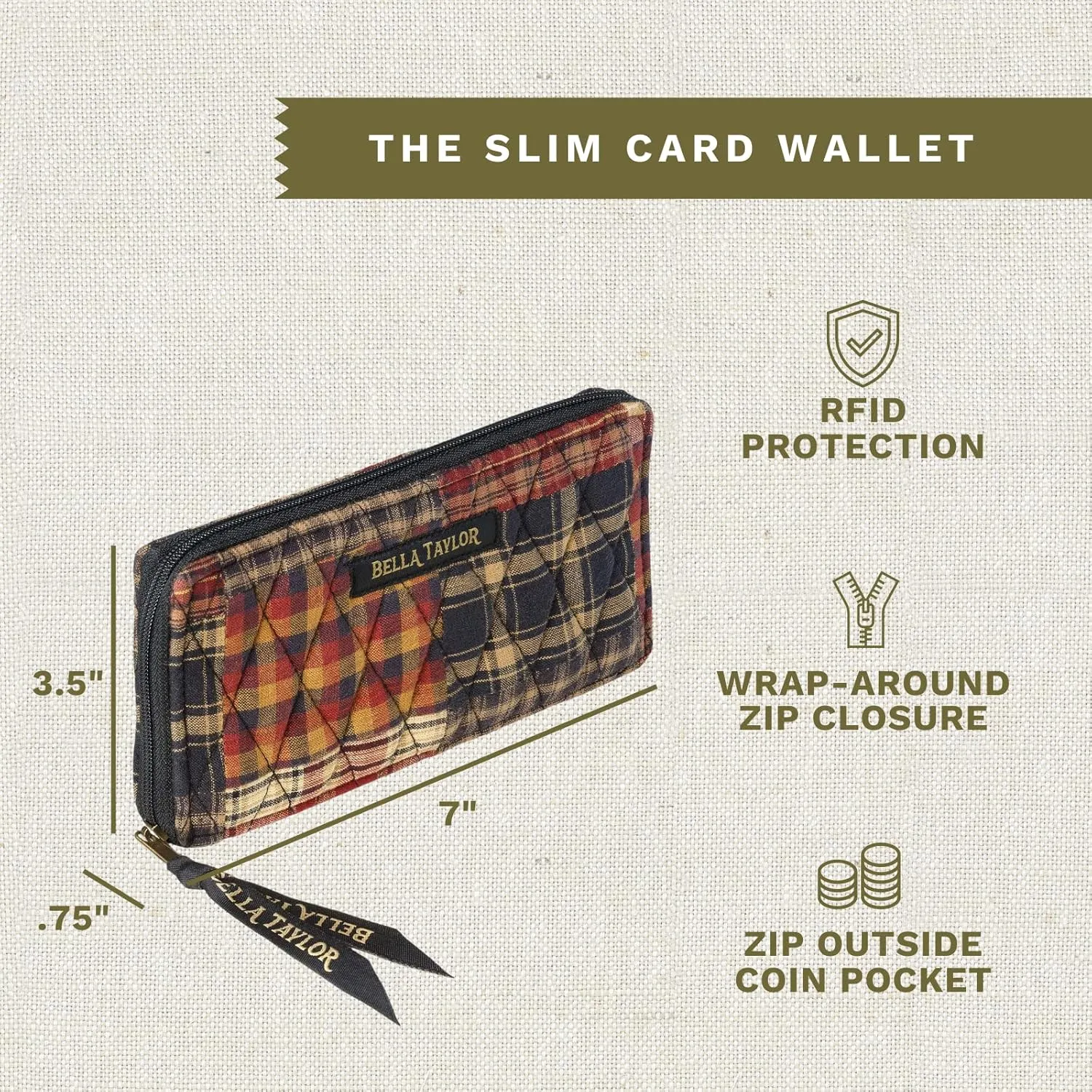 Bella Taylor Slim Card Wallet for Women | Quilted Cotton Fabric Zip Around Credit Card Wallet with RFID Protection | Beckham Patchwork