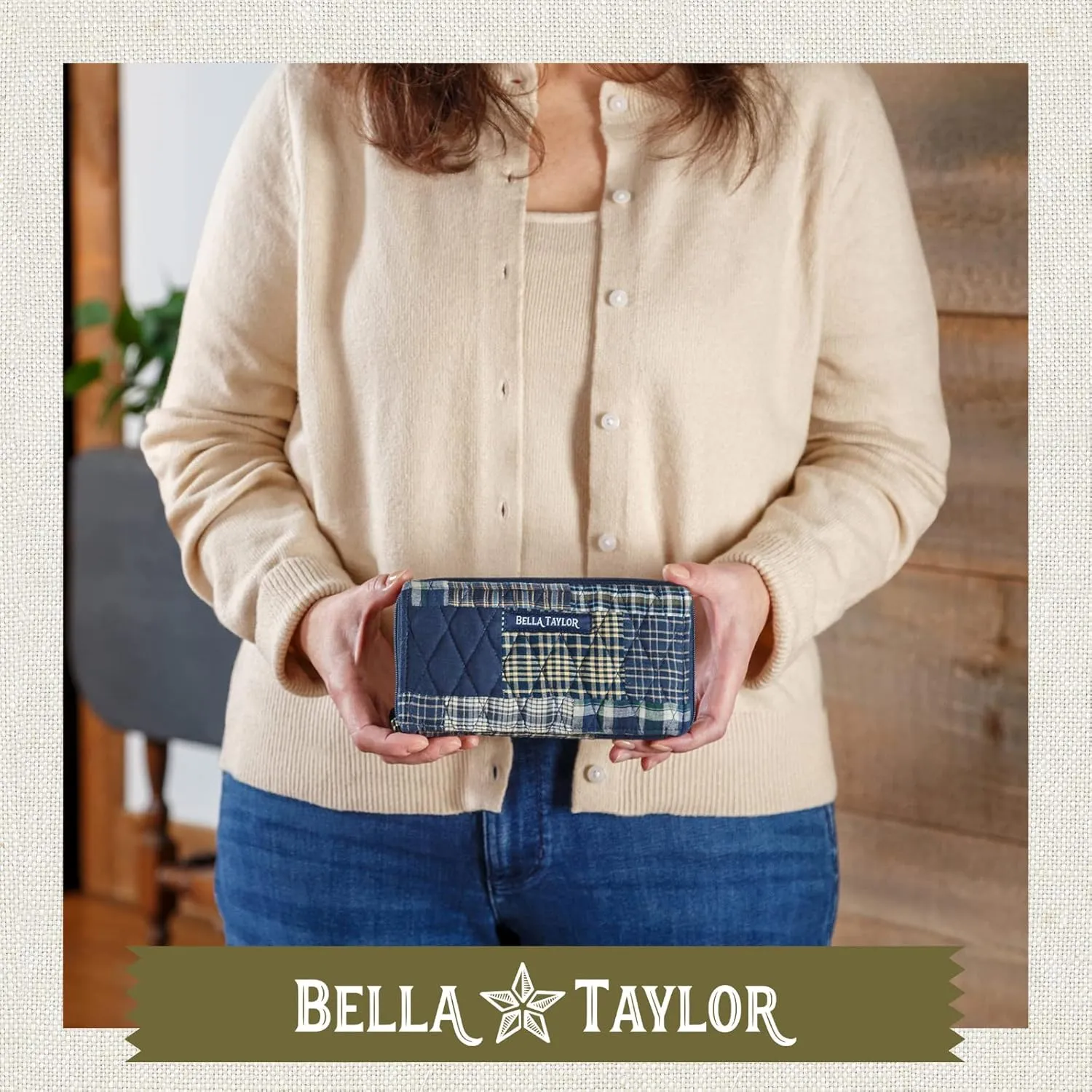 Bella Taylor Slim Card Wallet for Women | Quilted Cotton Fabric Zip Around Credit Card Wallet with RFID Protection | Columbus Patchwork