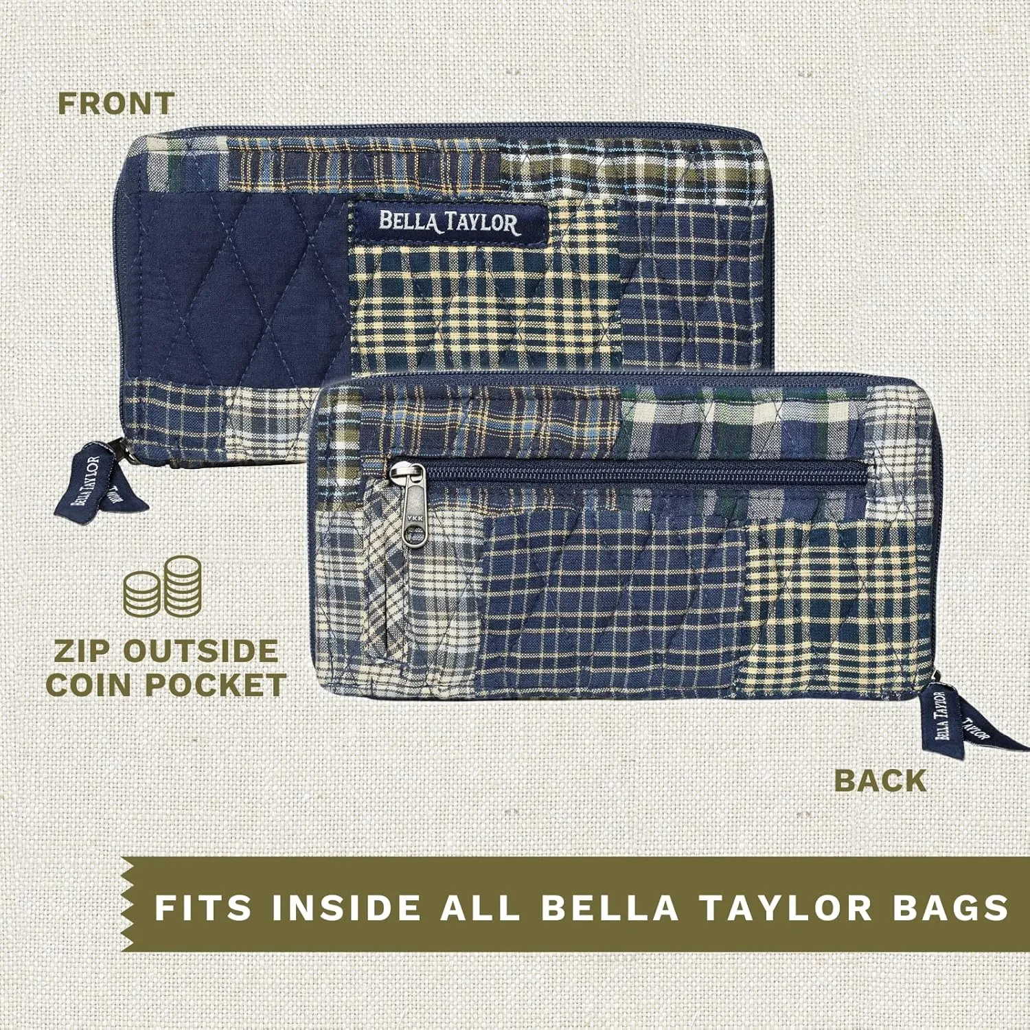 Bella Taylor Slim Card Wallet for Women | Quilted Cotton Fabric Zip Around Credit Card Wallet with RFID Protection | Columbus Patchwork