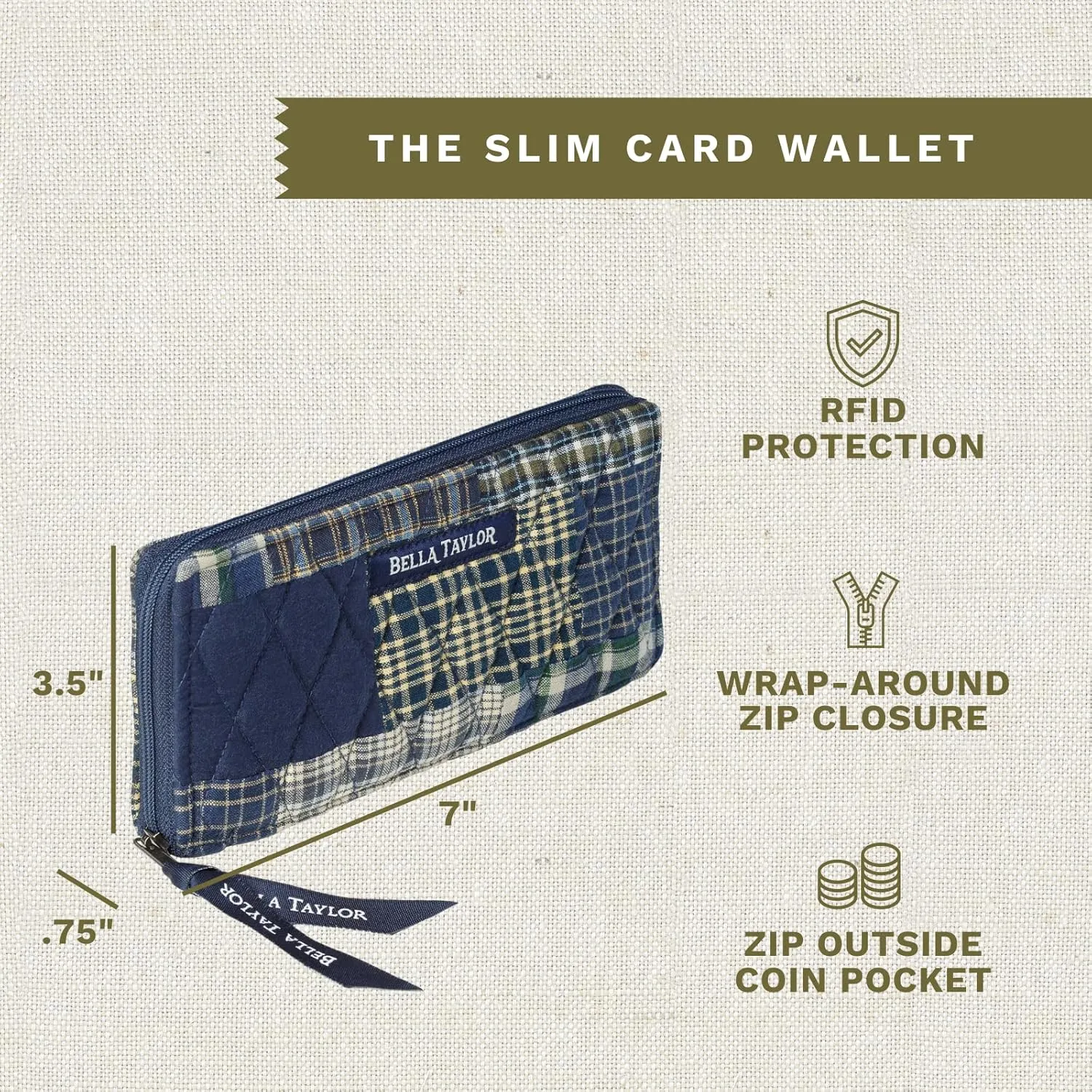 Bella Taylor Slim Card Wallet for Women | Quilted Cotton Fabric Zip Around Credit Card Wallet with RFID Protection | Columbus Patchwork