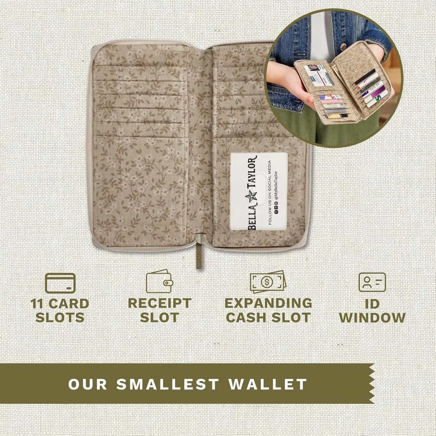 Bella Taylor Slim Card Wallet for Women | Quilted Cotton Fabric Zip Around Credit Card Wallet with RFID Protection | Khaki Patchwork