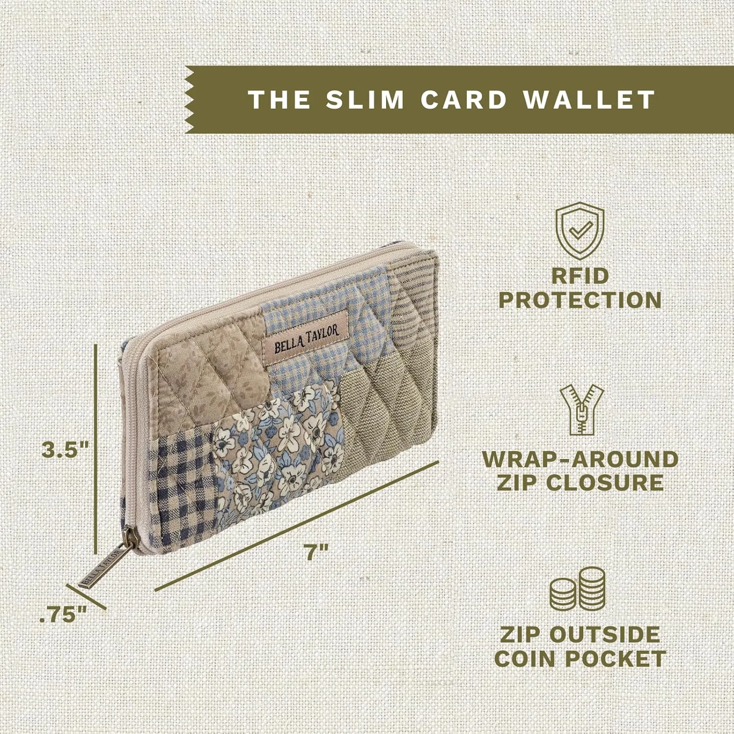 Bella Taylor Slim Card Wallet for Women | Quilted Cotton Fabric Zip Around Credit Card Wallet with RFID Protection | Khaki Patchwork