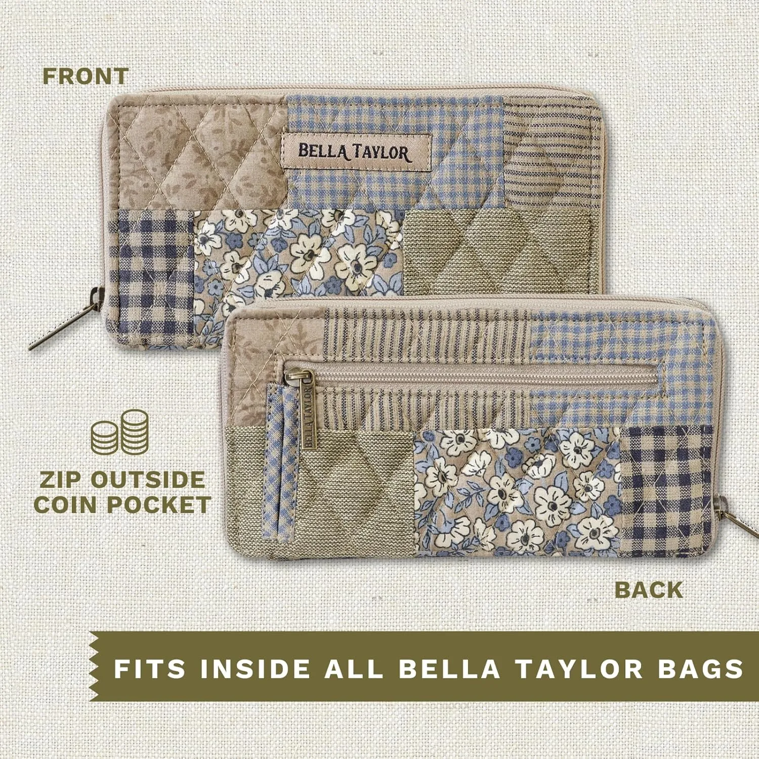 Bella Taylor Slim Card Wallet for Women | Quilted Cotton Fabric Zip Around Credit Card Wallet with RFID Protection | Khaki Patchwork